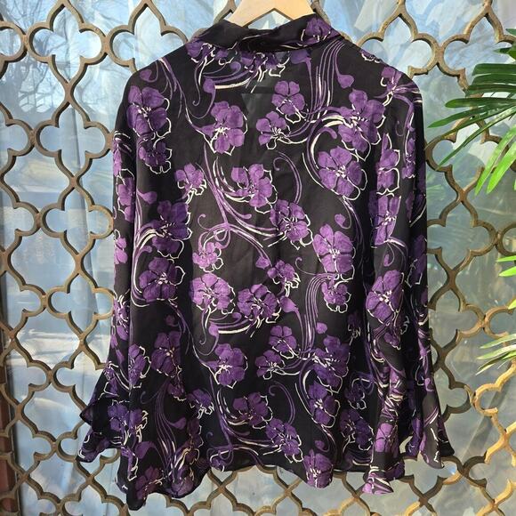 Venezia Jeans Womens Purple Floral Silk Blouse 14/16 Bell Sleeve Whimsigoth Boho - Picture 4 of 8
